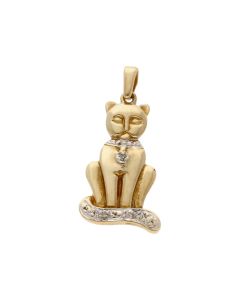Pre-Owned 9ct Yellow & White Gold Diamond Set Cat Pendant