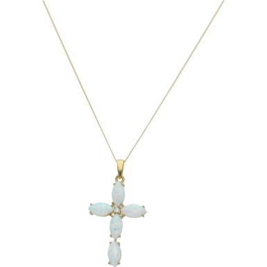 New 9ct Gold Cultured Opal & Cubic Zirconia Cross 18" Necklace