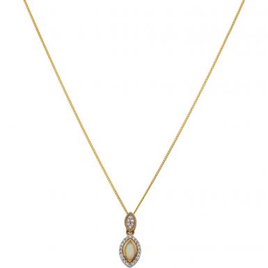 New 9ct Gold Opal & Diamond Marquise Pendant & 18" Necklace