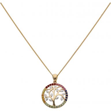 New 9ct Yellow Gold Rainbow Gemstone Tree of Life & 18" Necklace