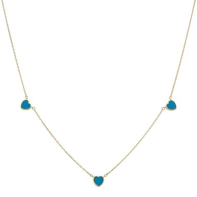 New 9ct Yellow Gold 3 Turquoise Heart 16-17" Necklace