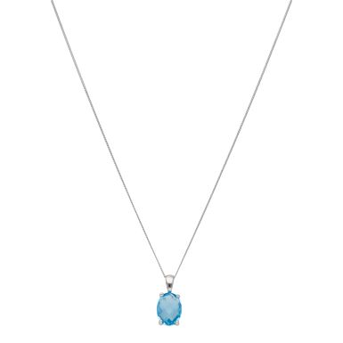 New 9ct White Gold Oval Blue Topaz Pendant & 18" Chain Necklace