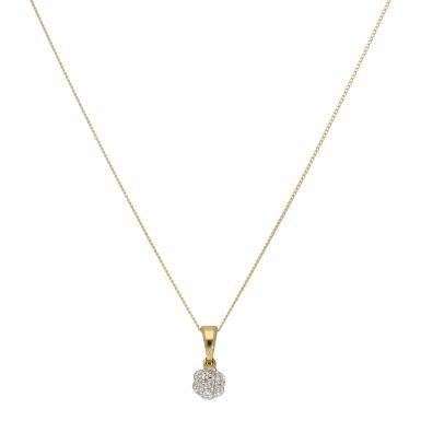 New 9ct Yellow Gold 0.10ct Diamond Cluster & 18" Necklace