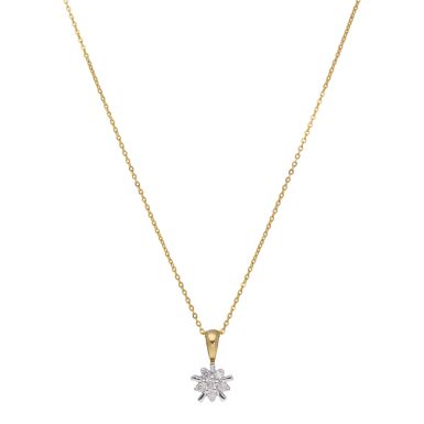 New 9ct Yellow Gold Diamond Cluster Pendant & 18" Necklace