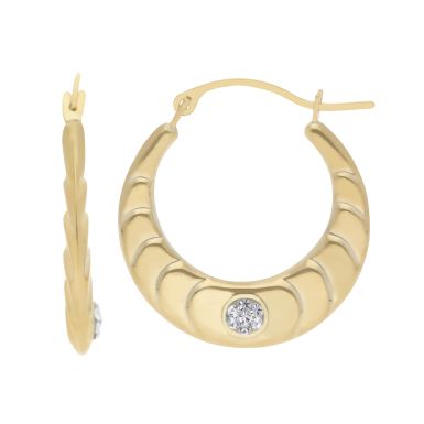 New 9ct Yellow Gold Crystal Set Patterned Creole Hoop Earrings