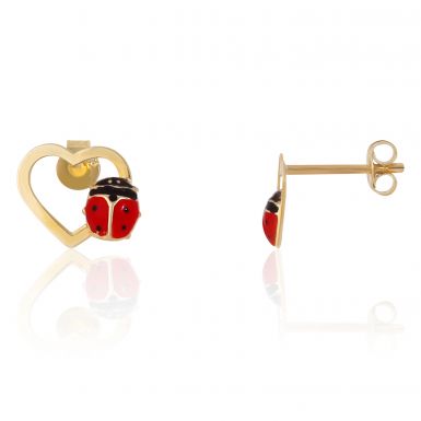 New 9ct Gold Red Ladybug Heart Stud Earrings