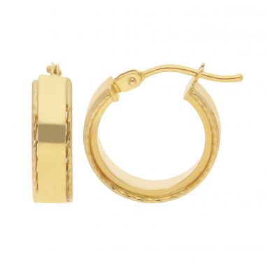 New 9ct Yellow Gold 15mm Patterned Rim Hoop Earrings