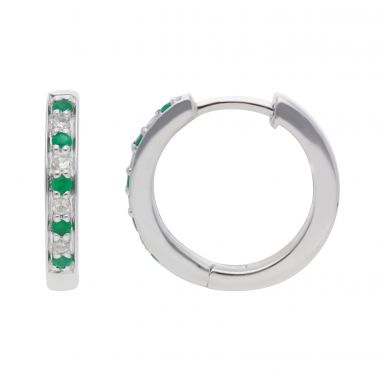 New 9ct White Gold Emerald & Diamond Huggie Hoop Earrings