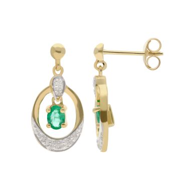 New 9ct Yellow Gold Emerald & Diamond Drop Earrings