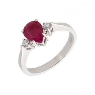 New 18ct White Gold Ruby & Diamond Pear Trilogy Ring