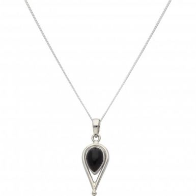New Sterling Silver Black Onyx Tear Shape Pendant & 18" Necklace