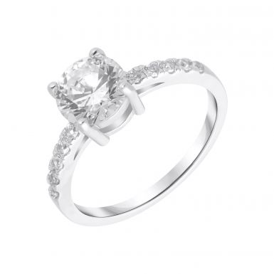 New Sterling Silver Cubic Zirconia Solitaire & Shoulder Ring