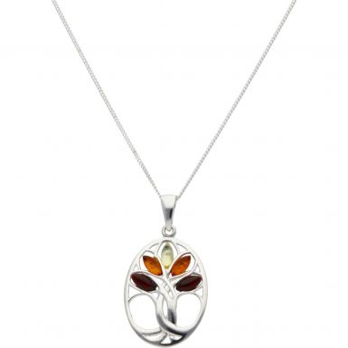 New Sterling Silver Mixed Amber Tree Of Life Pendant Necklace