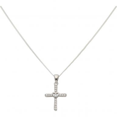 New Silver Cubic Zirconia Set Cross With Heart & 16" Necklace