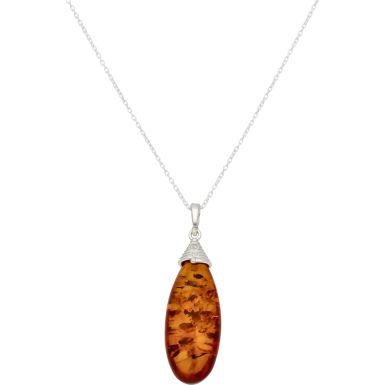 New Sterling Silver Natural Amber Pendant & 18" Cahin Necklace