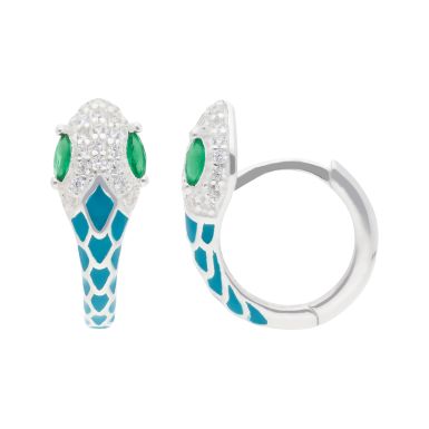 New Silver Enamel & Stone Set Snake Huggie Hoop Earrings