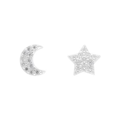 New Sterling Silver Cubic Zirconia Miss-Match Star & Moon Studs