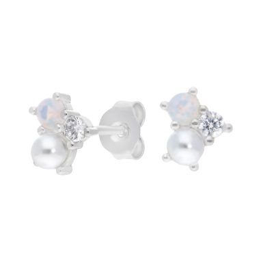 New Sterling Silver Synthetic Pearl & Opal Stud Earrings