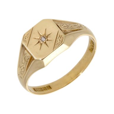 Pre-Owned Vintage 1964 9ct Gold Diamond Set Engraved Signet Ring