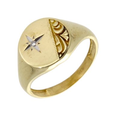 Pre-Owned 9ct Yellow Gold Diamond Set Part Patterned Signet Ring