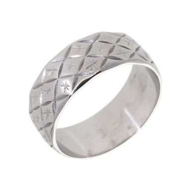 Pre-Owned 9ct White Gold 7mm Patterned Wedding Band Ring