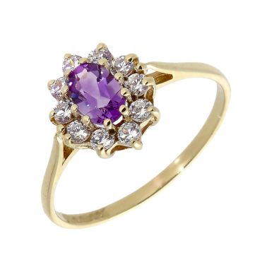 Pre-Owned 9ct Yellow Gold Amethyst & Cubic Zirconia Cluster Ring