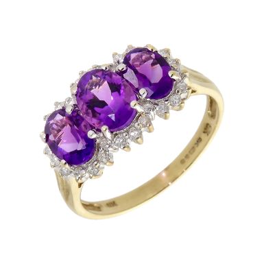 Pre-Owned 9ct Yellow Gold Amethyst & Diamond Triple Cluster Ring
