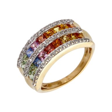 Pre-Owned 9ct Gold Rainbow Sapphire & Spinel Multi Row Ring