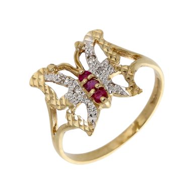 Pre-Owned 9ct Yellow Gold Ruby & Diamond Butterfly Dress Ring