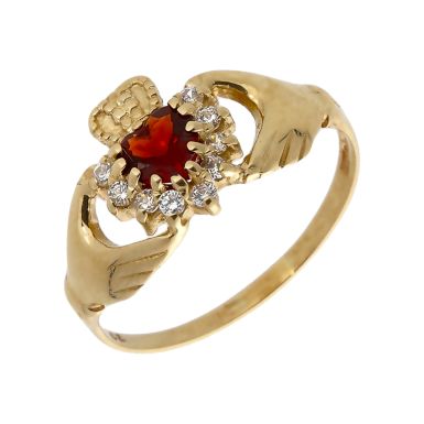 Pre-Owned 9ct Yellow Gold Garnet & Cubic Zirconia Claddagh Ring