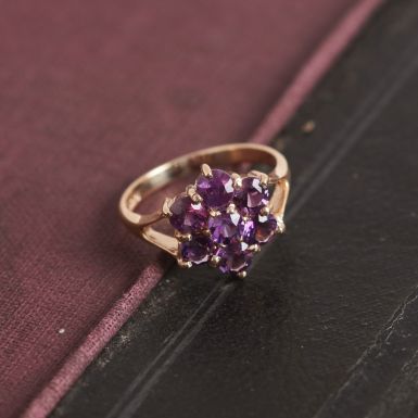 Pre-Owned Vintage 1975 9ct Yellow Gold Amethyst Cluster Ring
