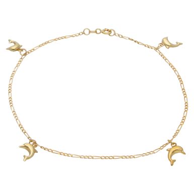Pre-Owned 9ct Yellow Gold 10 Inch Figaro Link Dolphin Anklet
