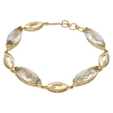 Pre-Owned 9ct Gold Aquamarine & Diamond Marquise Link Bracelet