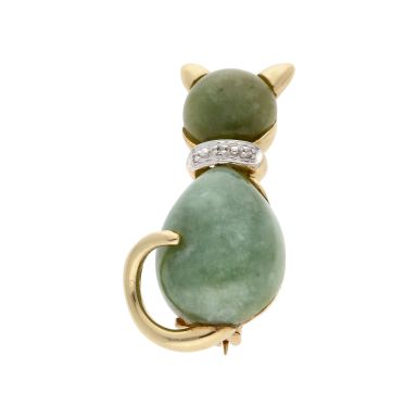 Pre-Owned 9ct Yellow Gold Jade & Diamond Set Cat Brooch