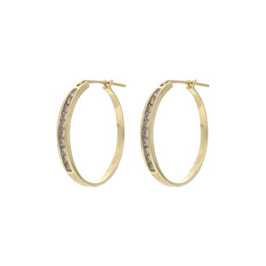 Pre-Owned 9ct Yellow Gold Diamond Set Slim Hoop Creole Earrings