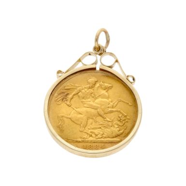 Pre-Owned 1884 Full Sovereign Coin In 9ct Gold Pendant Mount