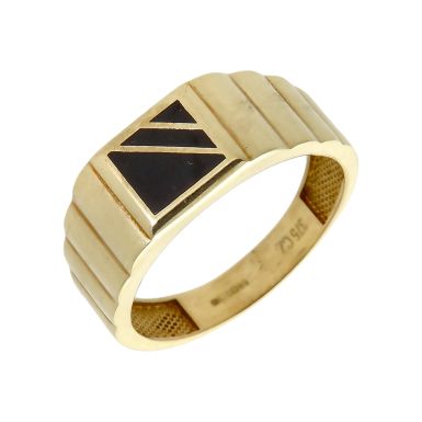 Pre-Owned 9ct Yellow Gold Onyx Set Ribbed Shoulder Signet Ring
