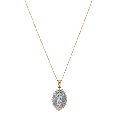Pre-Owned 9ct Gold Blue Topaz & Diamond Cluster Pendant Necklace